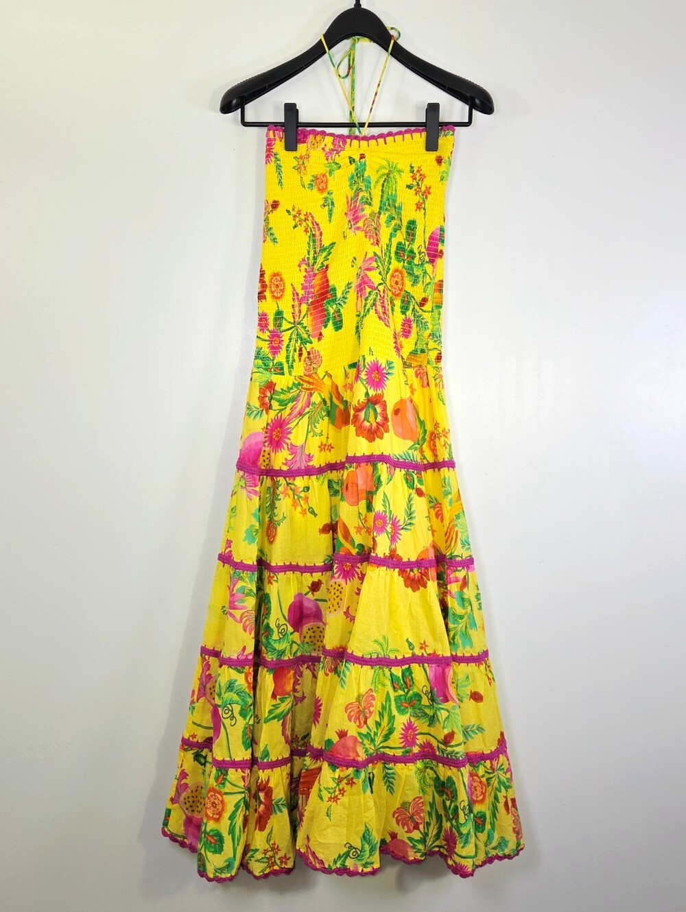 FARM RIO DELICATE FRUIT GARDEN HALTER MAXI DRESS.